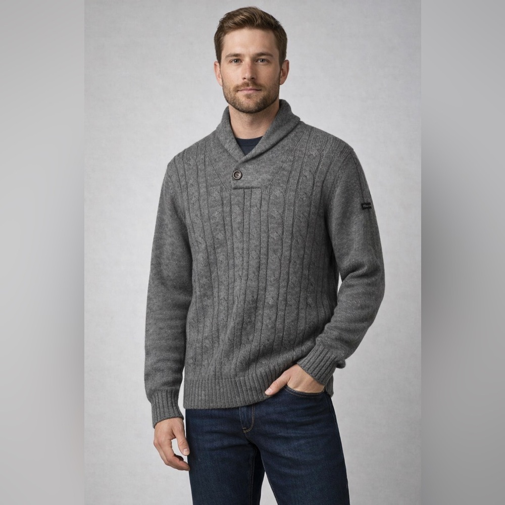 Ben Sherman Gray Cable Knit Funnel Neck Shawl Collar Wool Blend Sweater XL